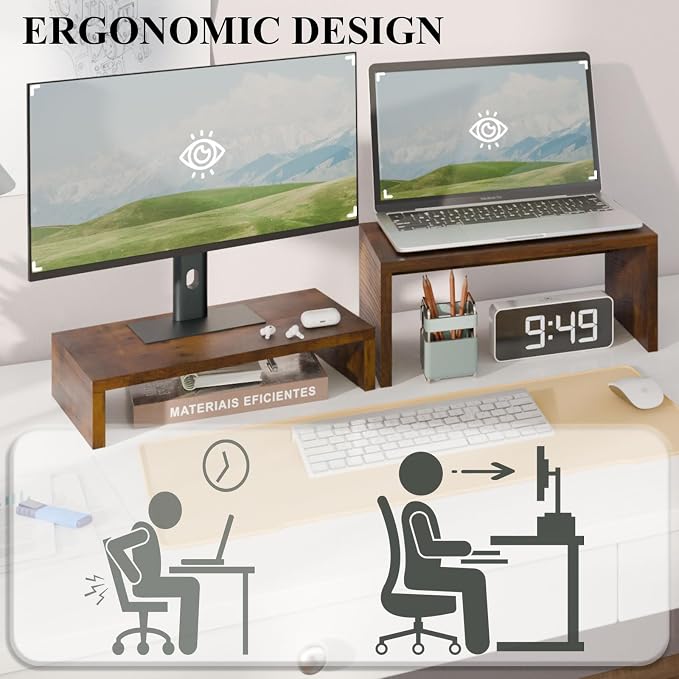TEAMIX 2-Pack Monitor & Laptop Stand Riser, Wood High-Low Dual Monitor Set | Stacked/Separate Use, Adjustable Computer Stand for 2 Monitors, Holds 80Lbs, Rustic Desk Organizer for Home Office, Gaming - Image 6