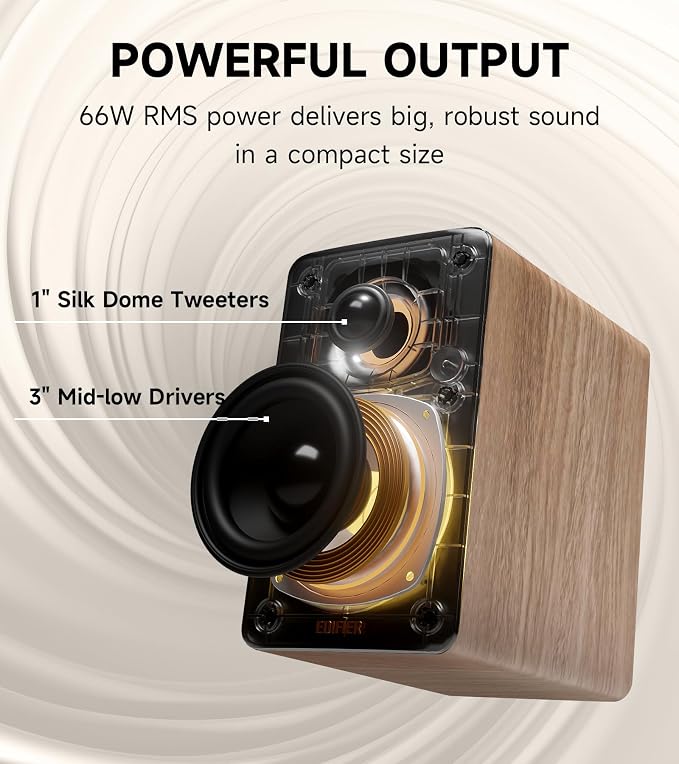 Edifier M60 Multimedia Speaker, 66W RMS Computer Speaker, Classic Oak | Bluetooth 5.3, Hi-Res Audio with LDAC, 3" Mid Bass & 1" Tweeter, USB-C AUX Inputs, Compact Desktop Speaker - Image 3