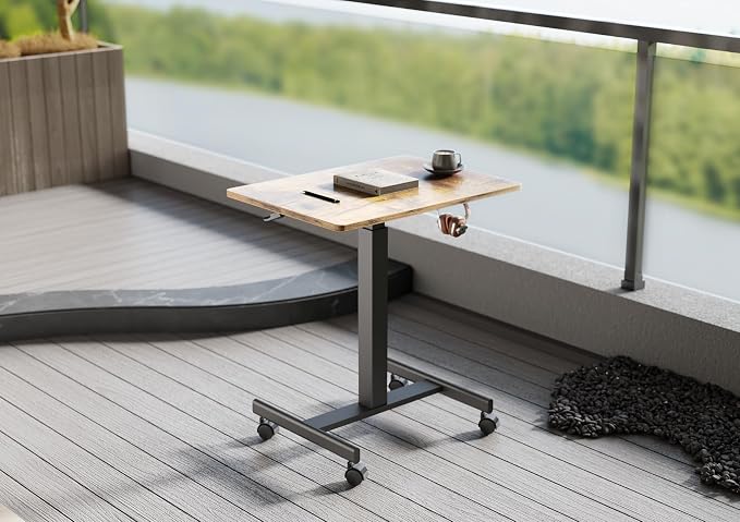Claiks Mobile Rolling Desk Small Portable Laptop Cart on Wheels, 28" Brown | Rolling Adjustable Desk, Lockable Wheels, Gas Spring Lift, Side Hook, Easy Assembly - Image 9