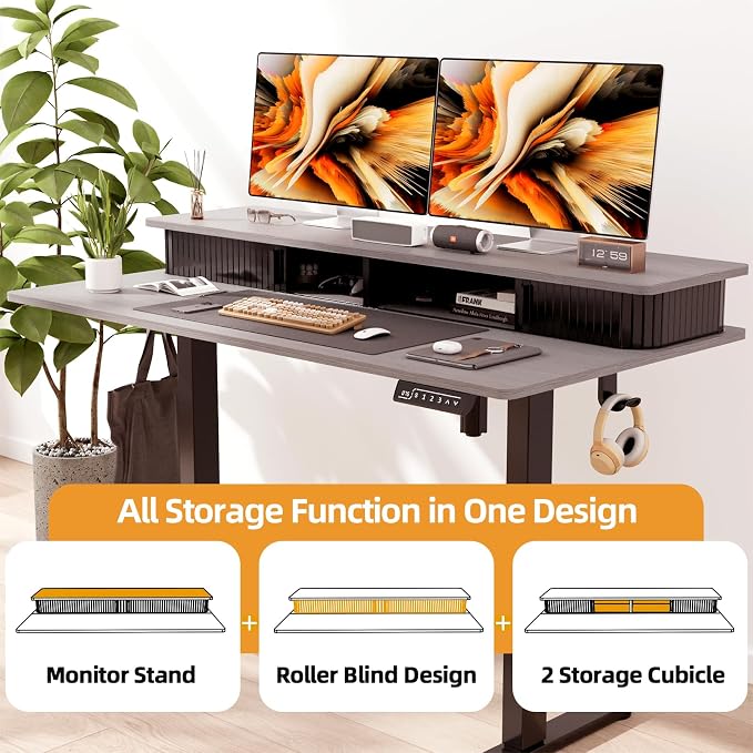 JOY worker 48" Electric Adjustable Standing Desk with Storage Monitor Stand | Grey Computer Desk Height Adjustable with Storage Shelves, Spacious Woskstation, Sit Stand Desk with 2 Hooks for Home Office - Image 4