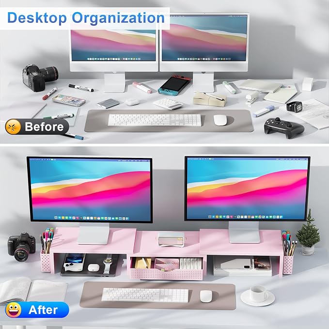 gianotter Dual Monitor Stand Riser With Drawer and 2 Pen Holders | Computer Monitor Stand Desk Organizer and Accessories Desk Shelf for Top of Desk (Pink) - Image 2