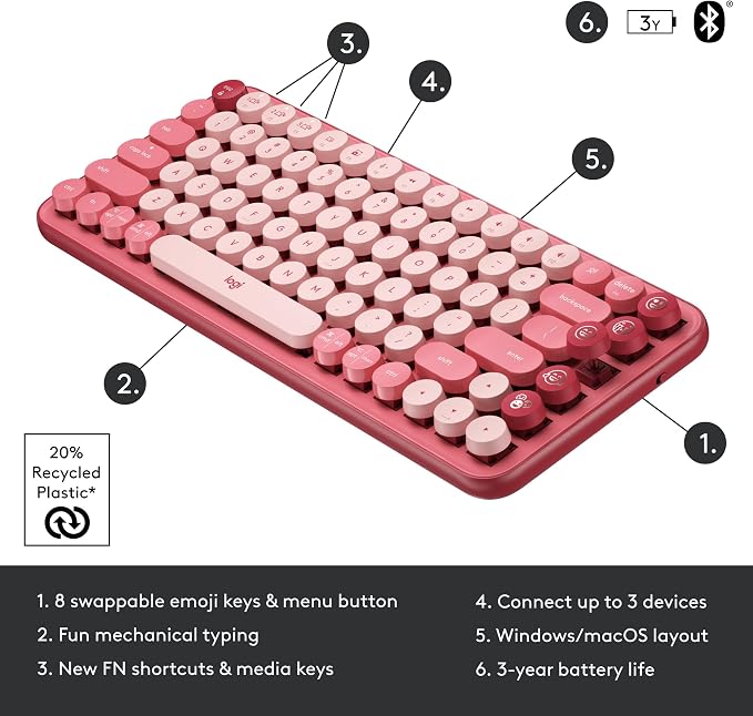Logitech POP Keys + POP Mouse - Wireless Keyboard and Bluetooth Mouse Combo with Typewriter-Style Mechanical Keys, Emoji Features, Cute Compact Design - Heartbreaker Rose - Image 7