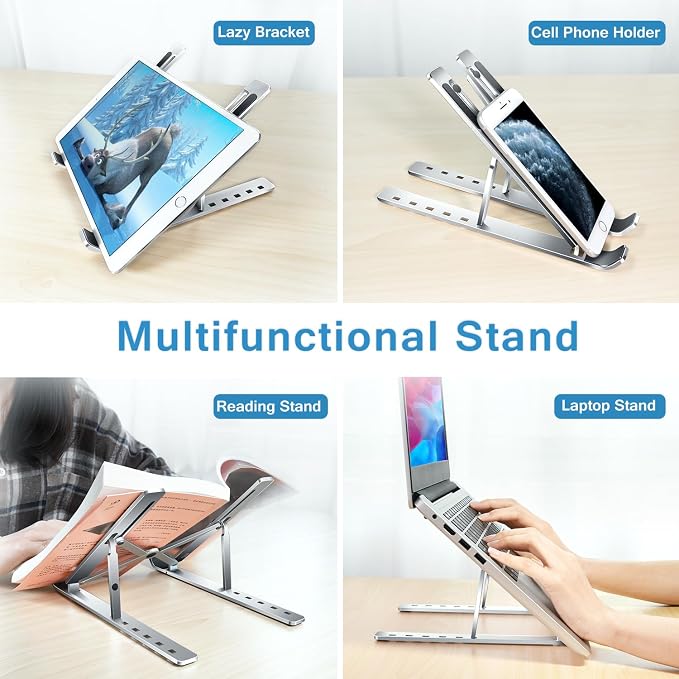ivoler Laptop Stand, Laptop Holder Riser Computer Tablet Stand, 6 Angles Adjustable Aluminum Ergonomic Foldable Portable Desktop Holder Compatible with 10-15.6” MacBook,iPad, HP, Dell, Lenovo Silver - Image 7
