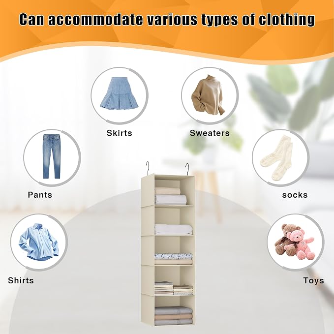 Hanging Closet Organizer 5-Shelf, Oxford Fabric Wardrobe Storage, Beige | Easy-mount foldable design holds clothes, handbags, shoes & accessories; washable Oxford fabric, sturdy and space-saving. - Image 8