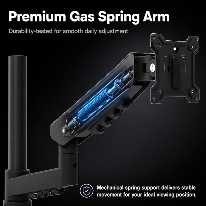 Long Reach Single Monitor Arm, Spring Desk Mount, 17-32 Inch, VESA | Long-reach spring arm adds movement space; rotatable arm collars and anti-slip rings support flexible screen positioning. - Image 4