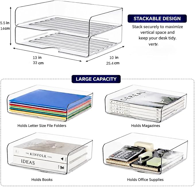 DCA 2 Tier Desk Organizer, Clear Paper Tray File Organizer | Stackable Letter Tray | Office, Home & School | Large Capacity - Image 5