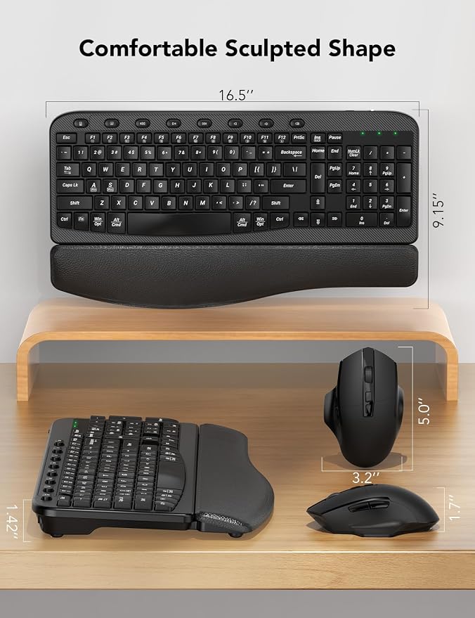 Wireless Keyboard and Mouse Combo with Ergonomic Wave Keys | Leather Soft Palm Rest, 2.4G Full Size, 6-Button Mouse, 4-Level DPI, USB-A/C, MA12 Silent Set for PC, Laptop, Windows, macOS - Image 9