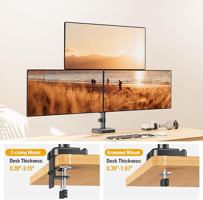 Triple Monitor Mount up to 32" Computer Screen, up to 19.8lbs Each, Adjustable 3 Monitor Stand with Clamp & Grommet Kit, Gas Spring Arm with Tilt Swivel Rotate, VESA Mount 75x75/100x100mm - Image 5