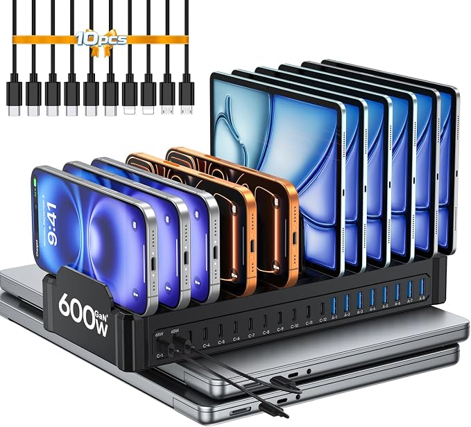 20-Port 600W Charging Station for Multiple Devices with 10 Cables | GaN5 Dual 65W Multi-device Charging Dock , Fast Charger Station for Laptop Macbooks iPhone Samsung Galaxy Android Tablet by Unknown