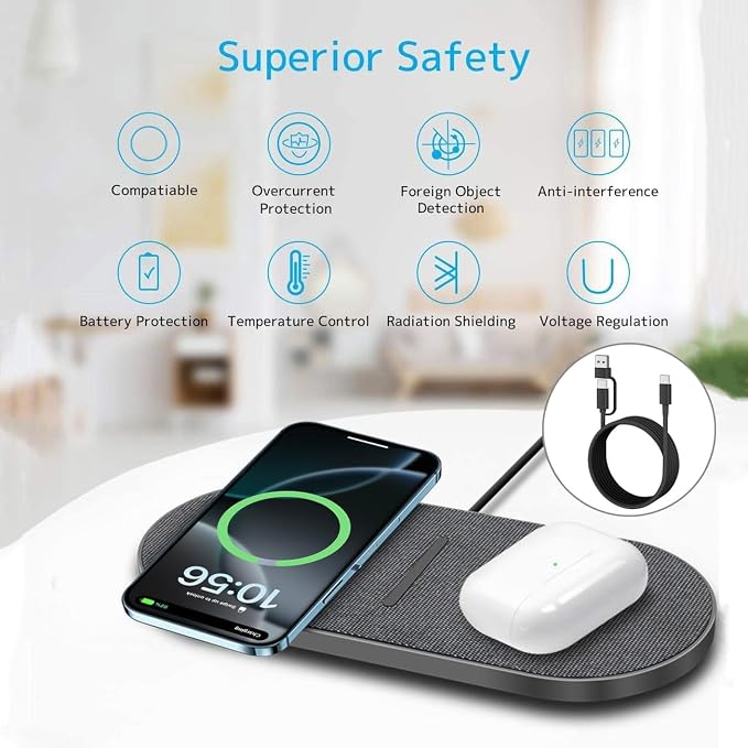 2 in 1 Wireless Charger,50W Double Wireless Charging Station for iPhone | New Update Dual 25W,Fabric Gray,Fast Induction Charging for Iphone/Samsung,For Airpods/Galaxybuds - Image 5