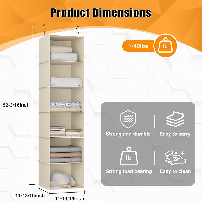 Hanging Closet Organizer 6-Shelf, Oxford Fabric Wardrobe Storage, Beige | Easy-mount foldable design holds clothes, handbags, shoes & accessories; washable Oxford fabric, sturdy and space-saving. - Image 3