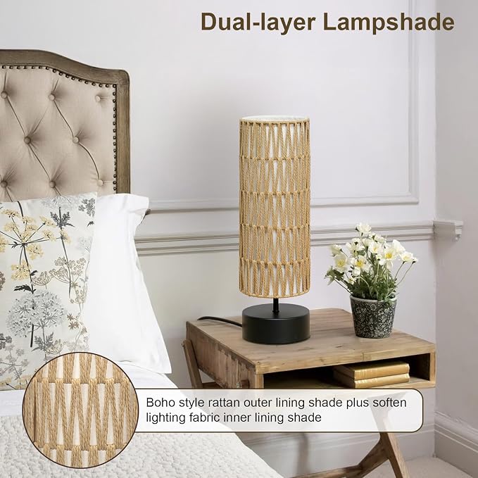 Rattan Table Lamp, Touch Control Bedside Table Lamp with Black Base, 3 Way Dimmable Nightstand Lamp with Dual-layer Shade, Boho Night Light for Bedroom Living Room Home Office, 9W LED Bulb Included - Image 6