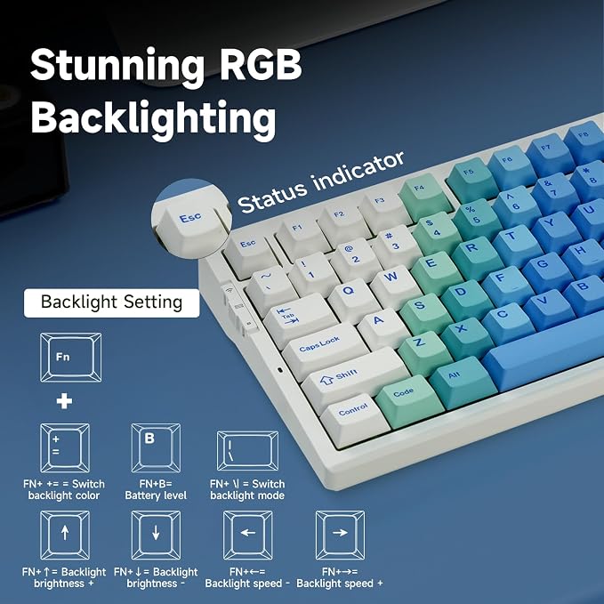 MCHOSE G75 PRO 75% Wireless Mechanical Keyboard, TKL Keyboards Tri-Mode BT5.0/2.4GHz/USB-C, Hot Swap Custom Creamy Keyboards Linear Switch, Double Shot PBT Keycaps RGB LED Backlit, White&Blue - Image 7