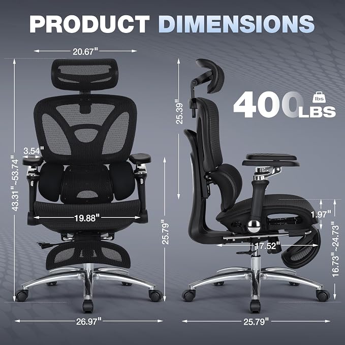 MALOL Ergonomic Office Chair, 400lbs High Back Mesh Desk Chair with 6D Armrests, 3D Headrest, Adjustable Lumbar Support, Seat Depth Adjustment, Tilt Lock, Metal Base & PU Wheels, Black - Image 2