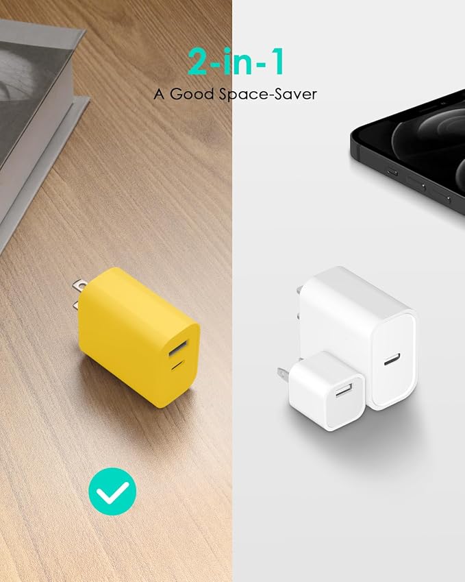[4 Pack] USB C Charger Block Fast Charging Multiport Adpater [PD 20W USB-C & QC 3.0 USB-A Port] for iPhone 17/16/15/14/13/12/11/X/8, iPad, Galaxy, Google & More [Yellow] - Image 4