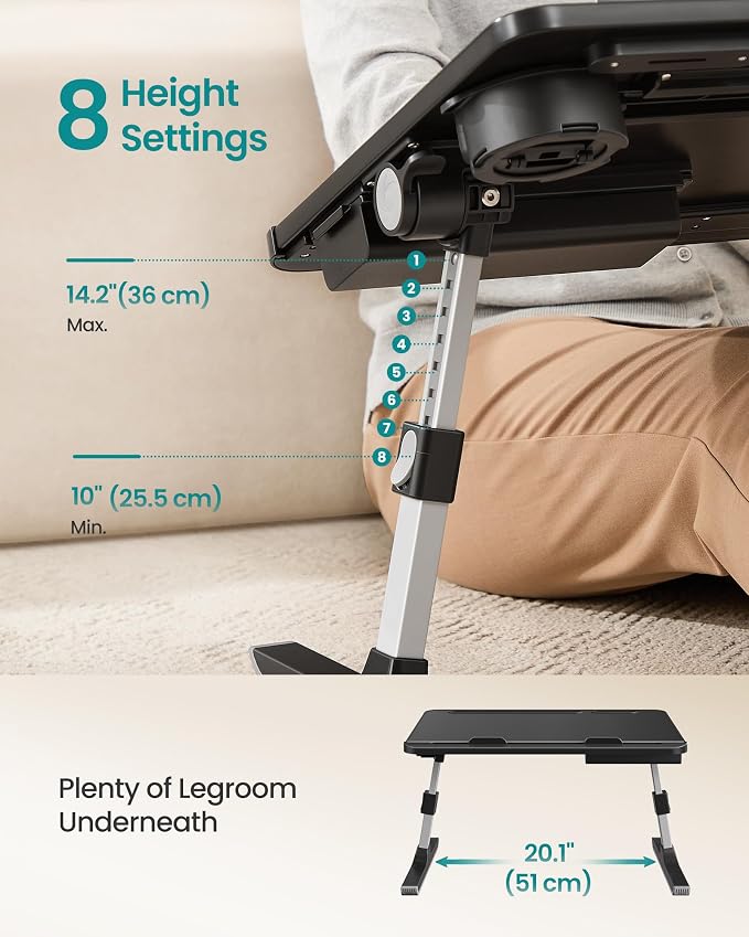 SONGMICS Bed Laptop Desk, Foldable Bed Desk for Laptop, 15.7 x 22 Inches Large Desktop, 120° Stepless Tilt, Adjustable Height, Cup Holder, Tray, Portable Bed Sofa Table, Ink Black ULLD113BC01 - Image 6
