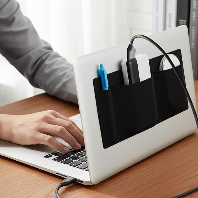 3-Pocket Adhesive Pouch for Laptop Mouse Holder for Laptop Stick on Portable Drive Sleeve Reusable Mouse Headset Storage Bag for SSD HDD USB Drive Cables Computer Accessories - Image 4