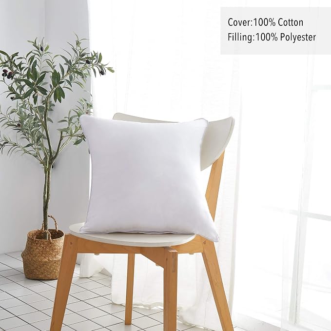 Oubonun 20 x 20 Throw Pillow Inserts (Set of 2) with 100% Cotton Cover - 20 Inch Square Interior Decorative Sofa Pillow Insert Pair - White Couch Pillow - Image 3