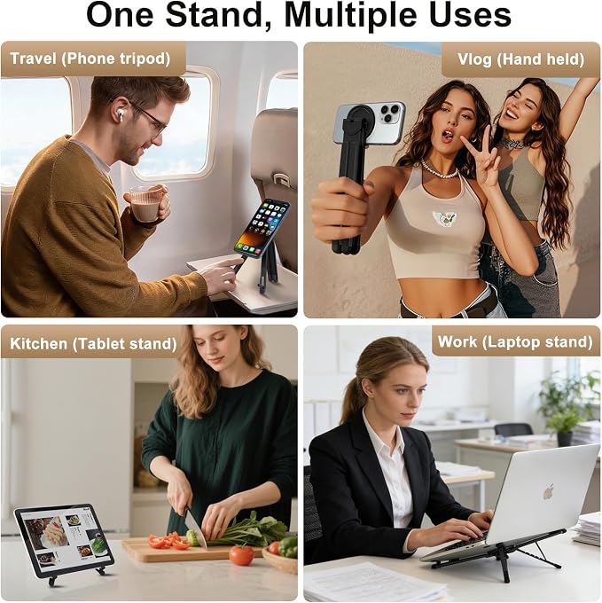 3-in-1 Foldable Magnetic Phone Tripod Stand, Portable Aluminum Alloy Adjustable Holder for Tablet, Laptop MacBook Pro/Air 10–16", Magnet Phone Mount Compatible with MagSafe iPhone Android - Image 6