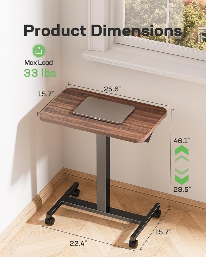 Marsail Mobile Standing Desk, Wider Height Adjustable Computer Desk, Rolling Sit Stand Desk with 4 Lockable Wheels, Desk for Home Office and Classroom, Walnut - Image 2