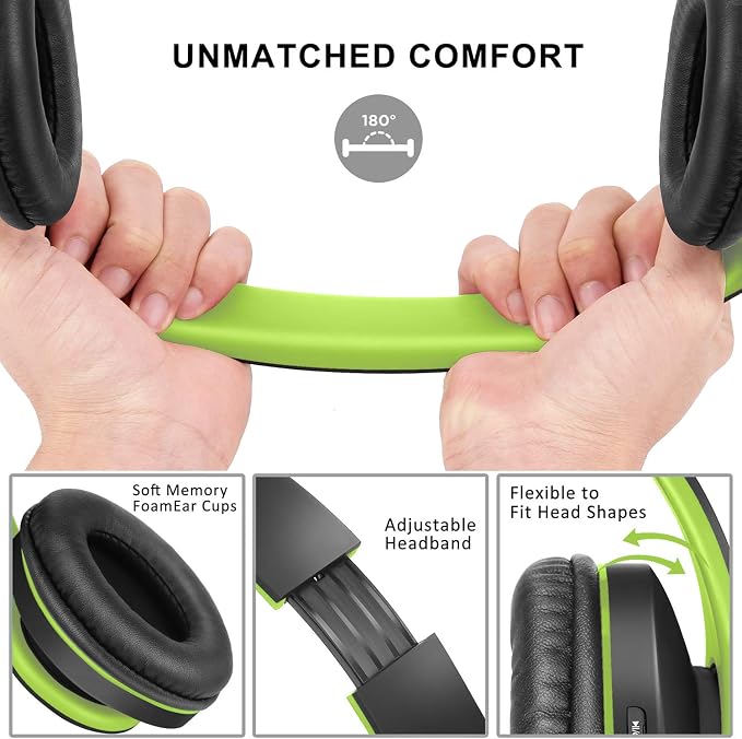 ZIHNIC Bluetooth Headphones Over-Ear, Foldable Wireless and Wired Stereo Headset Micro SD/TF, FM for Cell Phone,PC,Soft Earmuffs &Light Weight for Prolonged Wearing(Black/Green) - Image 2