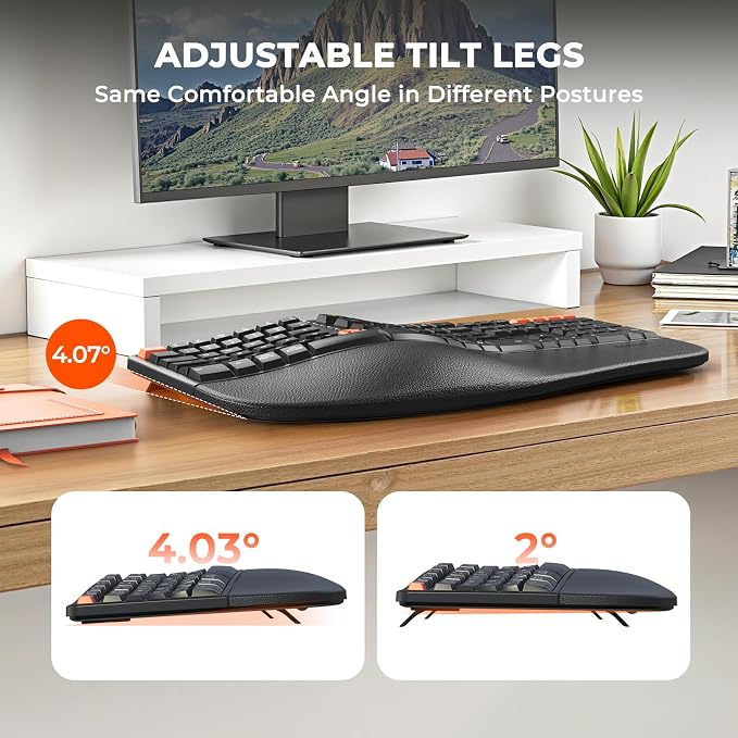 MEETION Ergonomic Wireless Keyboard and Mouse Combo, Split Design | Full-size keyboard with cushioned palm rest, 2.4G & Bluetooth multi-device connection, 4-level DPI mouse for Windows & Mac - Image 6