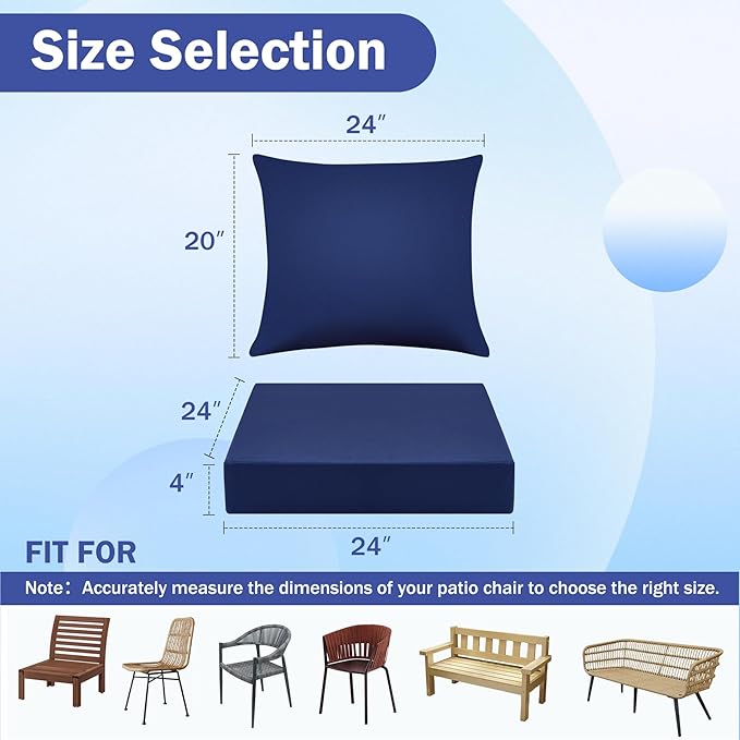 IASEAHK Outdoor Seat Cushion Set, Waterproof & Fade Resistant Patio Chair Cushions, Outdoors Cushion for Patio Furniture, 24 x 24 x 4 Inch, Outdoor Couch Cushions with Handle and Ties, Navy Blue - Image 2