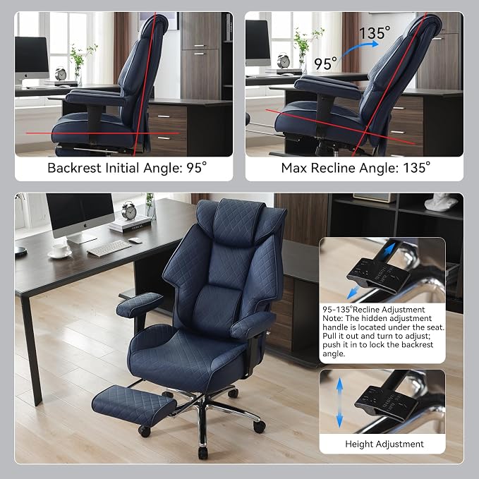 EXCEBET 400lbs Big and Tall Executive Office Chair, Blue PU Leather | Retractable footrest, 135° recline, Lumbar support, Ergonomic high back, Heavy-duty design, Thick cushion, Padded armrests - Image 6