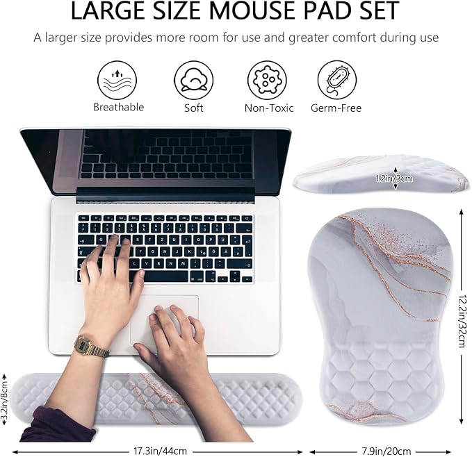 Ergonomic Mouse Pad & Keyboard Wrist Rest Set, Memory Foam | Memory Foam Wrist Cushion, Non-Slip PU Base, Massage Design, Relieves Wrist Pressure for Work, Gaming & Office Use,White - Image 5