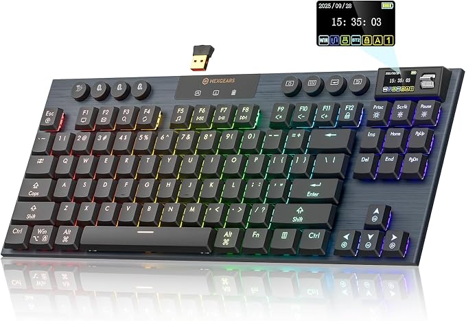 Hexgears Immersion A3 Low-Profile Wireless Mechanical Keyboard, TKL Hot-Swappable Aluminum Gaming Keyboard, BT5.0/2.4GHz/USB-C Tactile Switches, RGB Backlit, TFT Screen & 5800mAh Battery for Pc/Mac by HEXGEARS