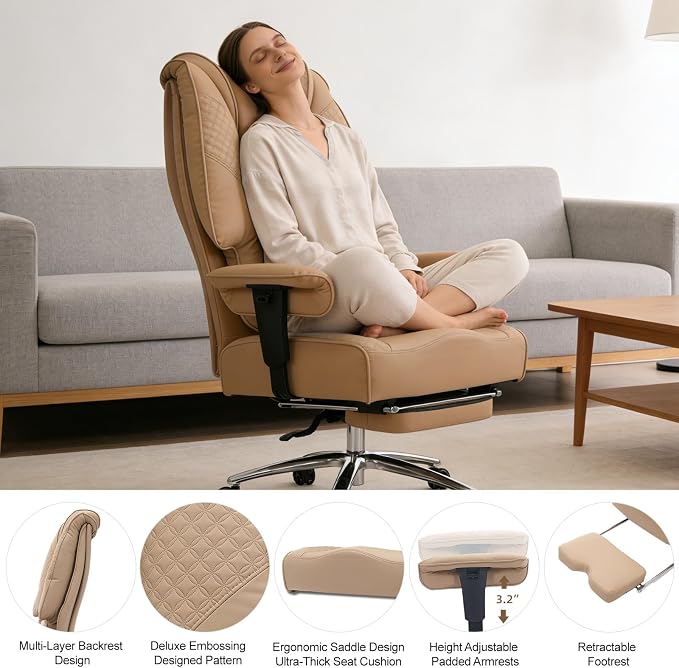 EXCEBET Big and Tall Office Chair 400lbs Wide Seat, Leather High Back Executive Office Chair with Foot Rest, Ergonomic Chairs Lumbar Support for Lower Back Pain Relief, All-Day Comfort (Brown) - Image 4