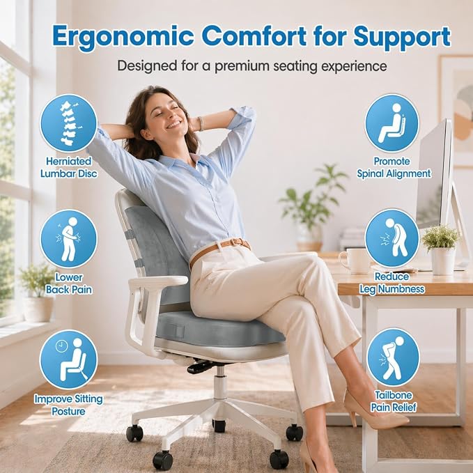 CloudBliss Ergonomic Seat Cushion & Lumbar Support Pillow Set, Light Grey | Back Pain & Sciatica Relief, Memory Foam Support, Adjustable Straps, Machine Washable Velvet, Perfect for Office, Car, Gaming - Image 2