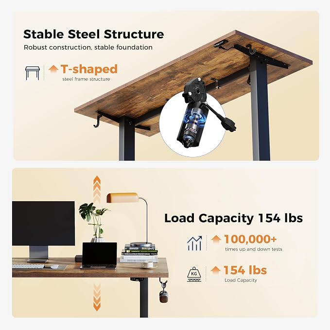 Agilestic Electric Height Adjustable Standing Desk, 48 Inch, Rustic Brown | Smooth Height Adjustment, Memory Presets, Hooks, Stable Steel Frame,154 lbs Capacity, Easy Assembly, Splice Board - Image 4