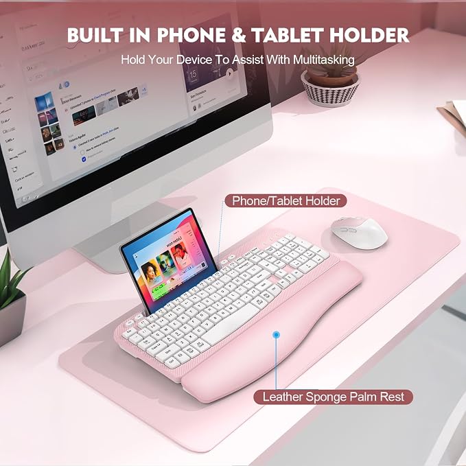 Wireless Keyboard and Mouse Combo, Full-Sized Ergonomic Wave Keys Keyboard with Memory Foam Wrist Rest & Phone Holder, 2.4G Quiet Keyboard Mouse Work Setup for PC Laptop, Office or Home (Pink) - Image 5