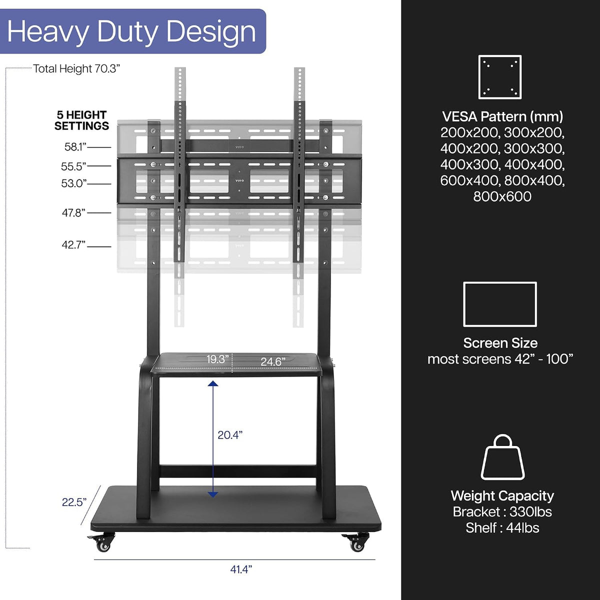 VIVO Mobile TV Cart with Dual Level Shelving for 42-100 in Screens - Image 3