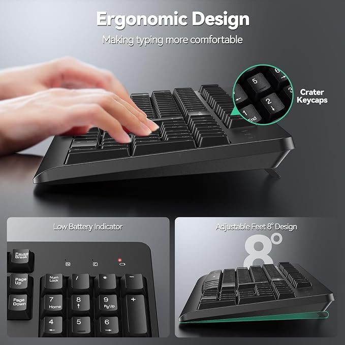 TECKNET Wireless Keyboard, 2.4G Silent Full-Size Keyboard with Number Pad | Ergonomic Keys & Adjustable Feet, Compatible with Laptop, PC, Desktop, Notebook, Windows 11/10/8/7 –Black - Image 5
