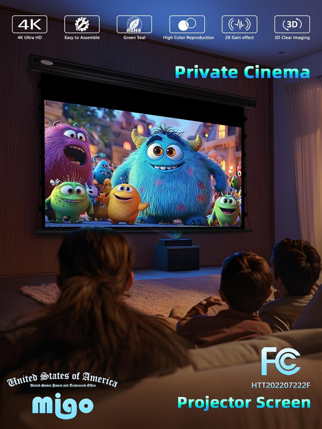 MIGO 150 Inch Pull Down Projector Screen,with Grey Crystal 2.0 Gain Partial Ambient Light Projector Screen Wall/Ceiling Mount for Ultra Short Throw Projector Movie Home Theater Cinema(Black Housing) - Image 5