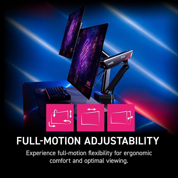 MSI MPG MT161DR - Premium RGB Dual Monitor Stand Arms, 17-38" Support, VESA Compatible, Adjustable Spring Assisted Mount, 35.2 lbs per Screen Capacity, Clamp & Grommet, Quick Release Plate - Black - Image 4