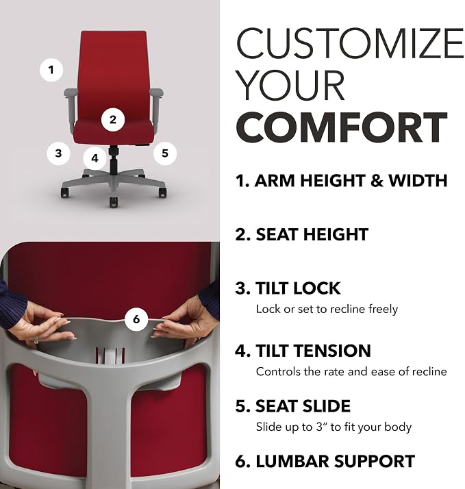 HON Ignition 2.0 Ergonomic Office Chair, Lumbar Support, Bullseye | Ergonomic office desk chair with lumbar support, adjustable arms, office decor, workstation comfort for focused productivity - Image 3