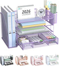 WALI Desk File Organizer, 4 Tier Desktop Paper Letter Tray Organizer with Drawer and 2 Pen Holders, Office Desk Accessories & Workspace Organizers for Office, Home Supplies(DO005DH-V), 1 Pack, Purple by WALI