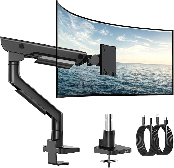 monTEK USB Monitor Arm for 17-57" Ultrawide, 59.4 lbs, Black | USB-A/C ports, pneumatic lift, quick-release VESA 75/100 plate, clamp/grommet bases and cable management by monTEK