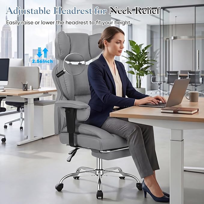 DUMOS Big and Tall Home Office Desk Chair, Executive Chair with Footrest | PU Leather, Ergonomic Comfy Lumbar Support, High Back Reclining, Adjustable Armrests, Grey - Image 5