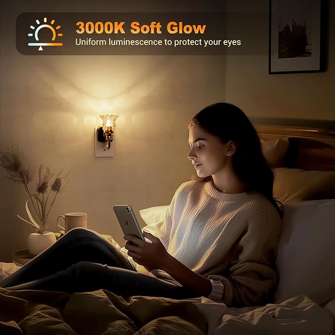 JandCase Night Light, Floral Night Lights Plug into Wall 2 Pack | Glass Flower LED Nightlight, 0-100LM Dimmable Nightlights with Light Sensor, 1W Vintage Nite Light for Bathroom Gift Vanity - Image 4