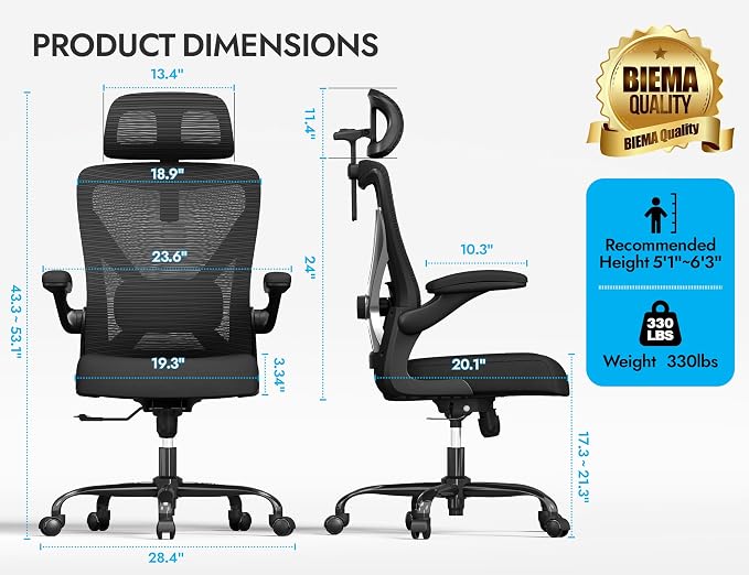 Ergonomic Office Chair: Mesh Desk Chair Comfy with Headrest& Lumbar Support | Ergalithic Big and Tall Office Chairs with Wheels & Flip-Up Arms-Computer Gaming Chairs for Adults (Black-Pack of 4) - Image 3