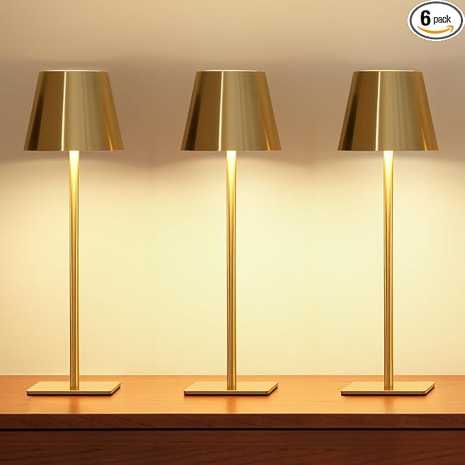 UME 6 Pack Cordless Table Lamp, Battery Operated Lamp - Portable Waterproof Rechargeable Table Lamp w/ 3 Color Temps & Stepless Dimming for Dinner, Desk, Cafe, Outdoor (Brushed Gold) by UME