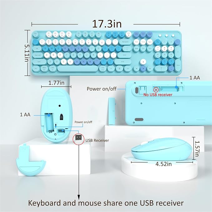 Links9+ Colorful Wireless Keyboard and Mouse Combo (Blue Colorful) | Full-Size Retro Typewriter Style Keyboard with Vintage Round Keycaps, 2.4G Wireless Set for Windows, Mac, Laptop, PC, Tablet - Image 4
