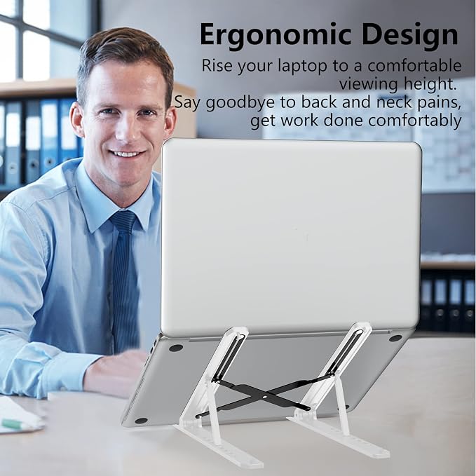 Tonmom Laptop Stand for Desk, Adjustable Laptop Riser, White | ABS+Silicone Foldable Portable Notebook Holder, Ventilated Cooling Notebook Mount Computer Stand for 10-15.6” Laptops,Tablets - Image 2