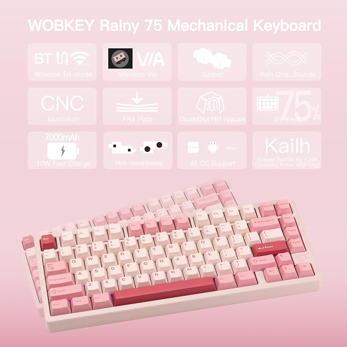 KEEBMONKEY WOBKEY Rainy 75 CNC Aluminum HMX/JWK/Cocoa Switches Triple-Mode Connectivity Mechanical Keyboard with Superior Acoustics, RGB/FR4/Silver SUS304/7000mAh/Cocoa Switch (Pro - Pink) - Image 2