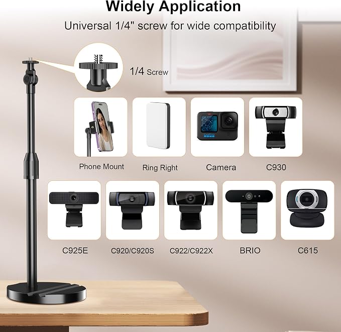 Telescopic Webcam Tripod Stand for Desk with Phone Holder, Desktop Webcam Mount Compatible with C922 C930e C920S C920 C615 C960 C920x Brio 4K, Table Phone Stand with 1/4'' Thread - Image 2