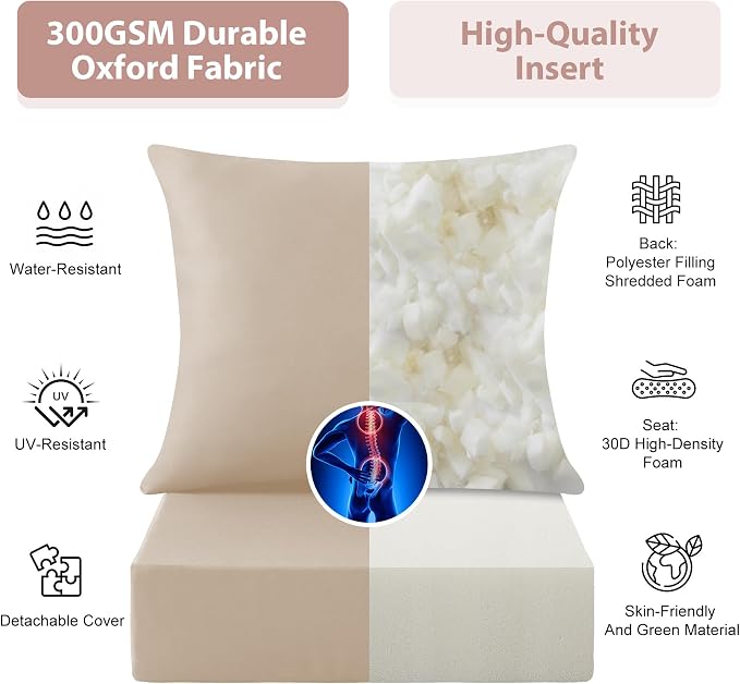 Outdoor Deep Seat Cushion Set, 24x24 Inch Water-Resistant & Fade-Resistant Outdoor Chair Cushions, Patio Furniture Cushions with Removable Cover for Patio Chair, Sofa, Beige (Set of 6) - Image 4